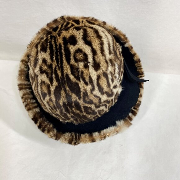 Vintage 60s 70s Fur Hat Leopard spot animal print Cloche bucket felt Winter - Picture 4 of 8